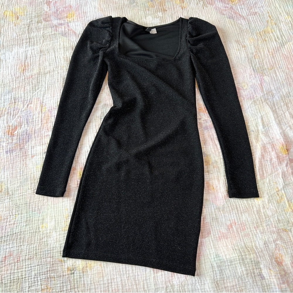 H&M sparkly black long puff sleeve bodycon mini dress XS